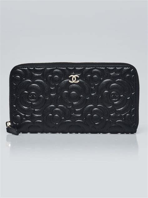 Black Camellia Embossed Caviar Leather L Zip Wallet